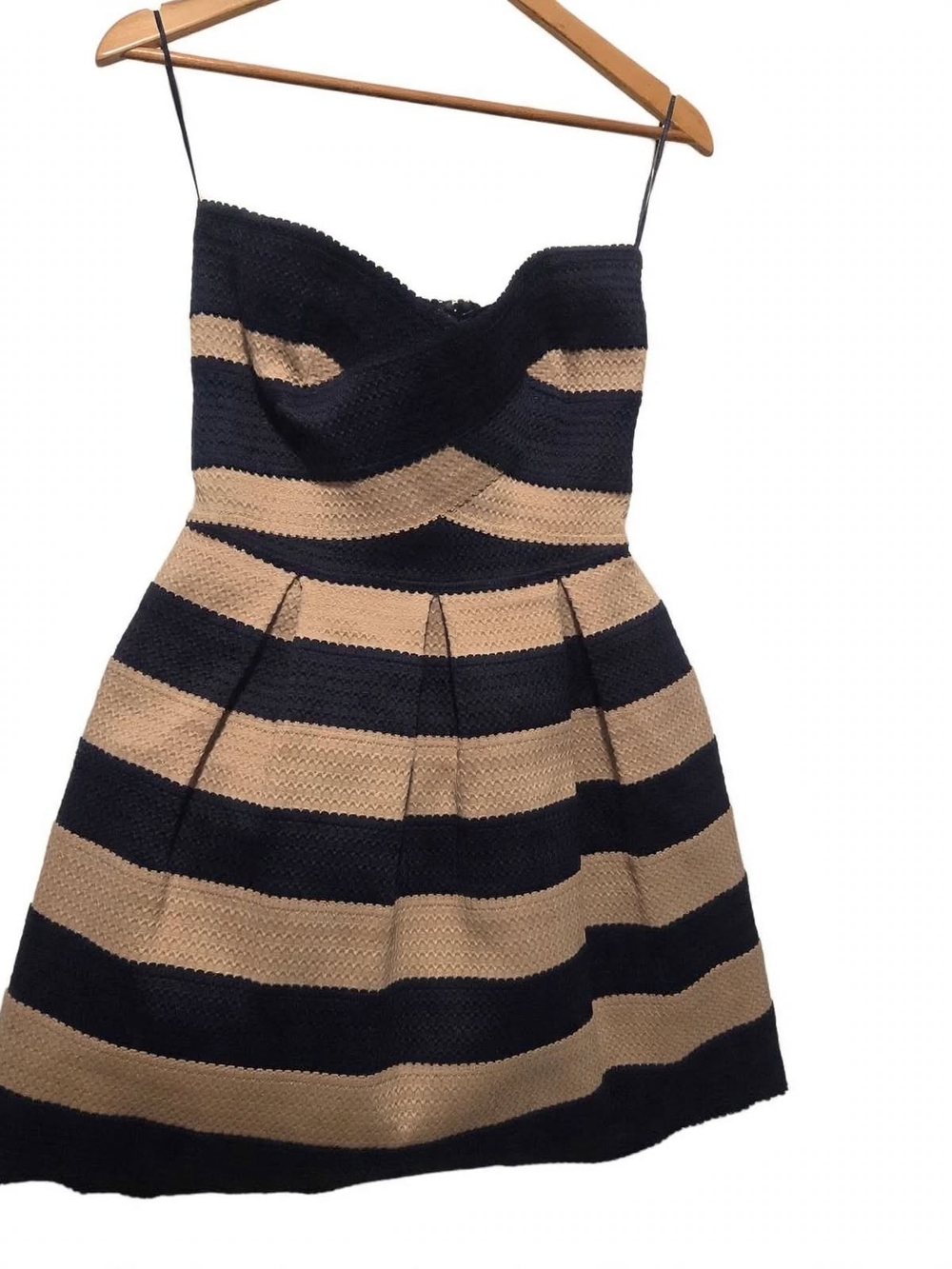 Vertigo Paris Dress Size M Navy Beige Striped Strapless Fit & Flare Cocktail Drs